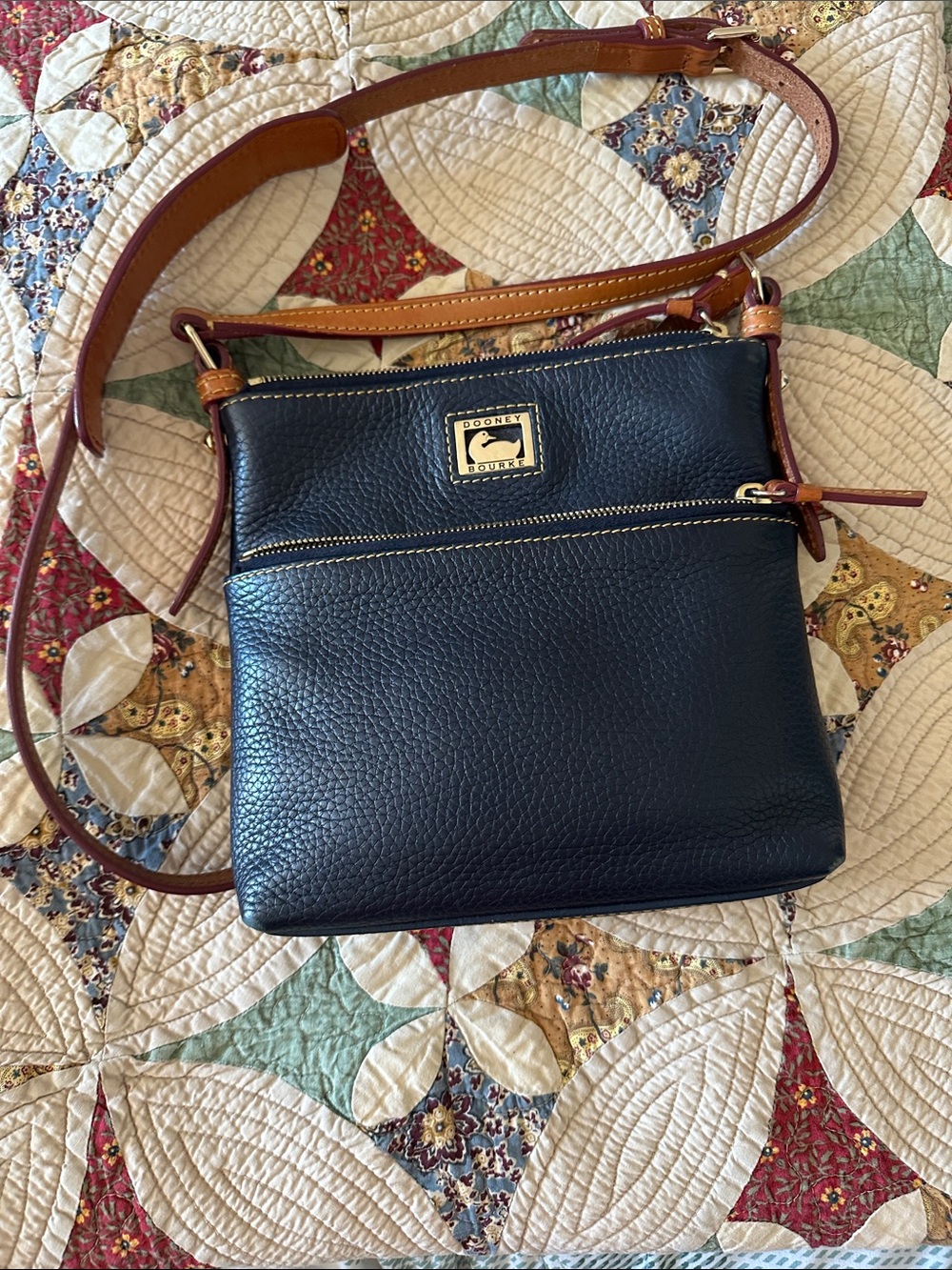 Dooney & Bourke Navy Pebble Leather Crossbody with Tan Leather Trim